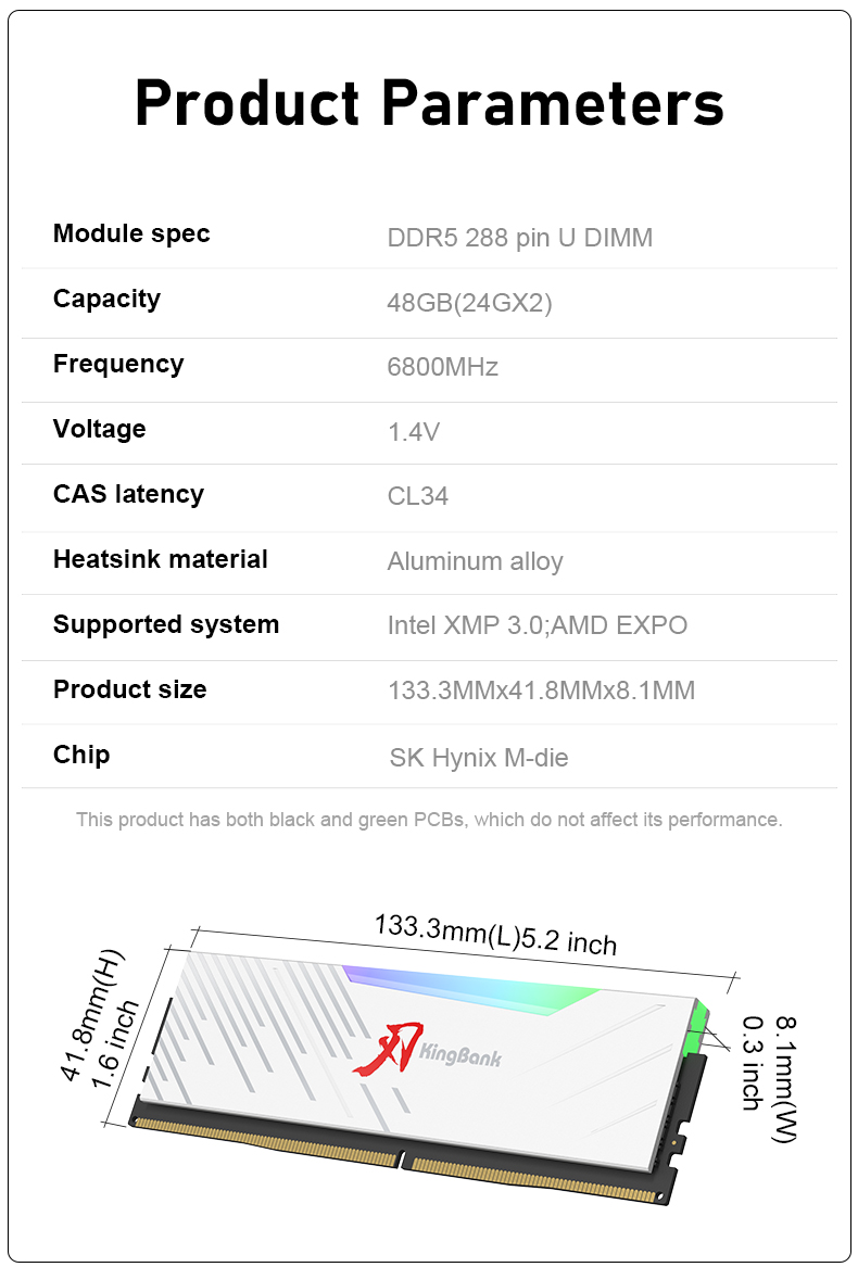 KINGBANK DDR5 Soarblade RGB UDIMM 6800MHz-24G*2 - 金百达KINGBANK